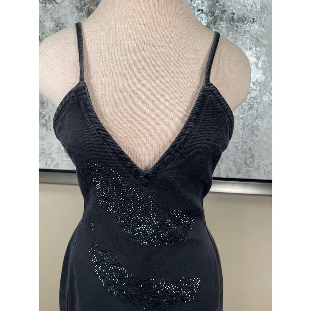 DAVID KOMA Rhinestone Feather Cami Sequin Embellished Denim Mini Dress Size 4 - Picture 3 of 8